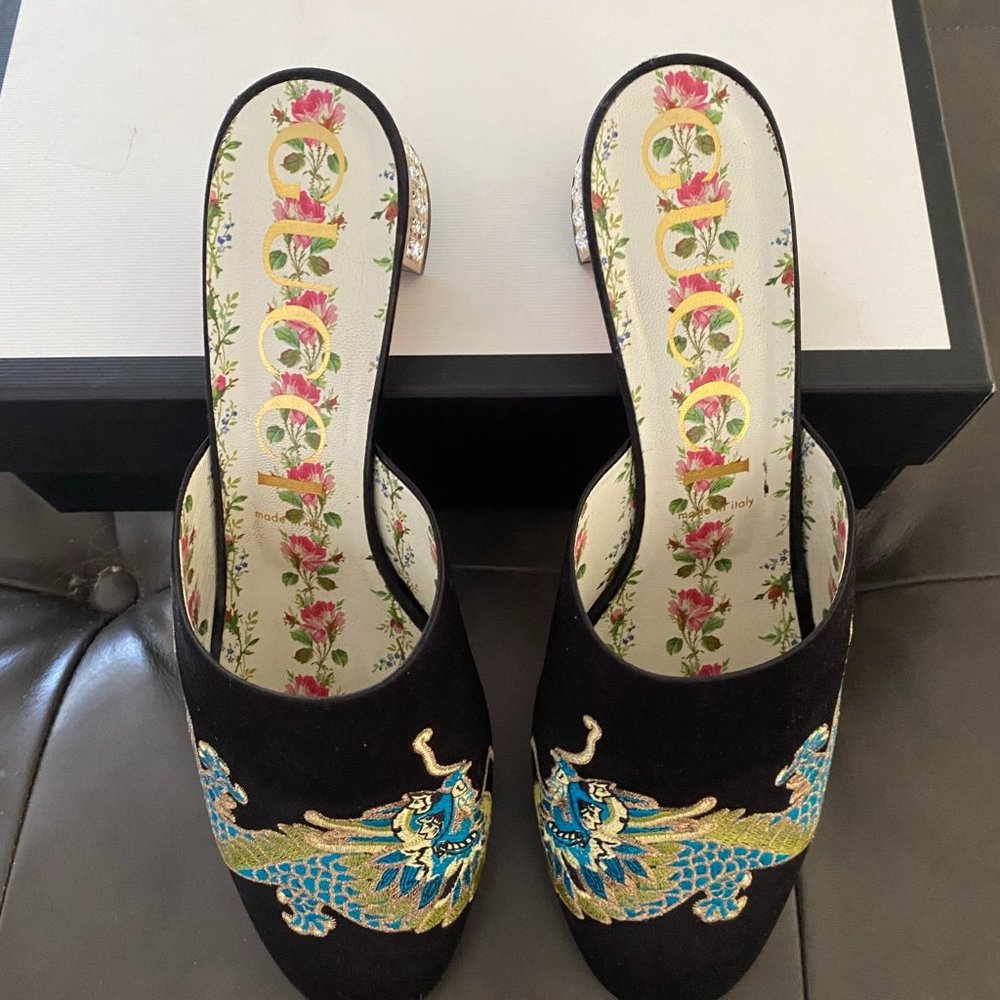 Gucci Crystal Embellished Embroidered Satin Mules - Womens - Green Multi